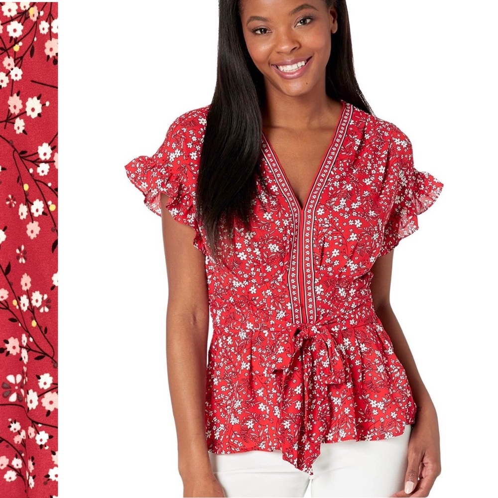 Max Studio Georgette Floral Peplum Blouse Short Ruffle Sleeve Tie Front V-Neck